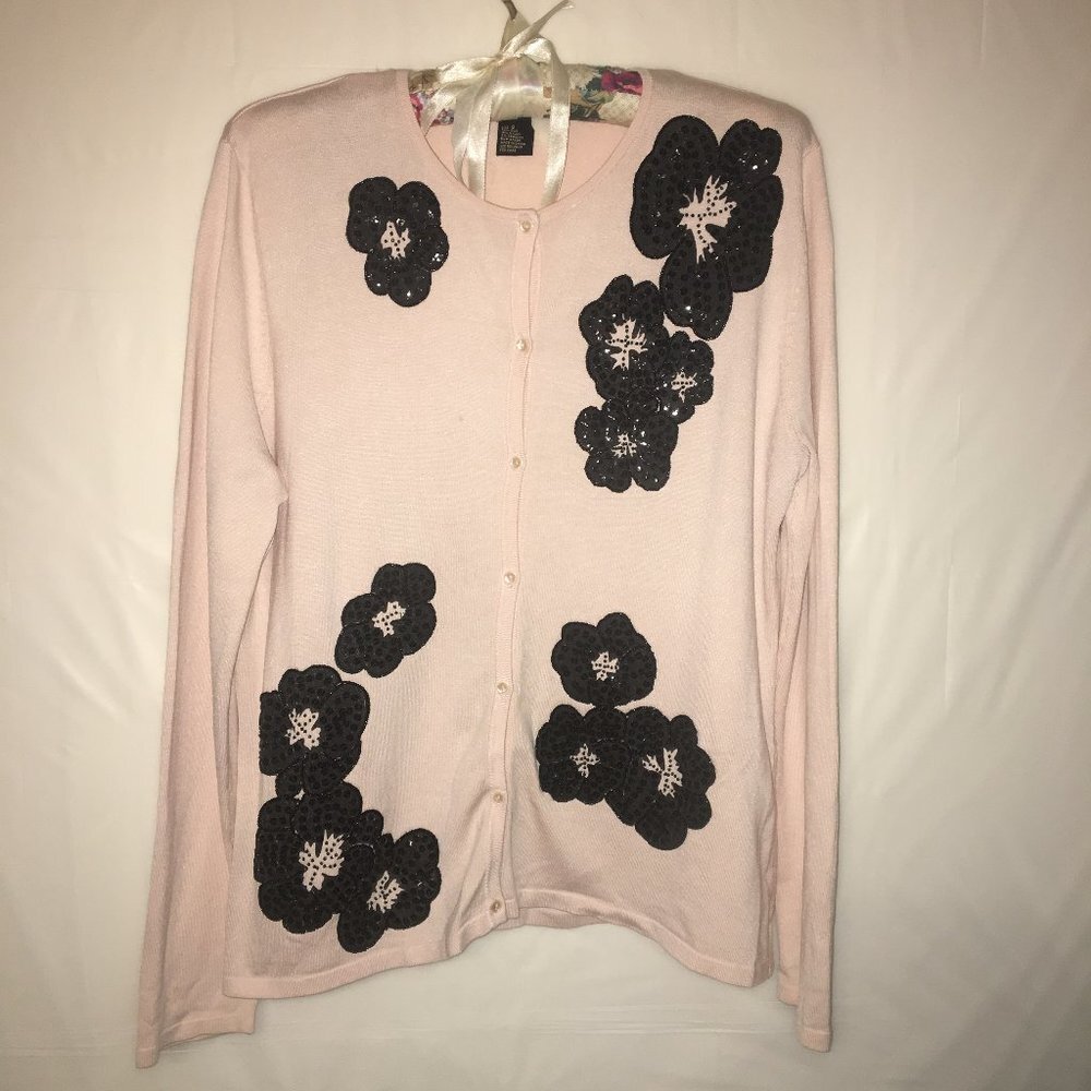 Tara Ryan Cardigan Size S Pale Pink Black Flowers